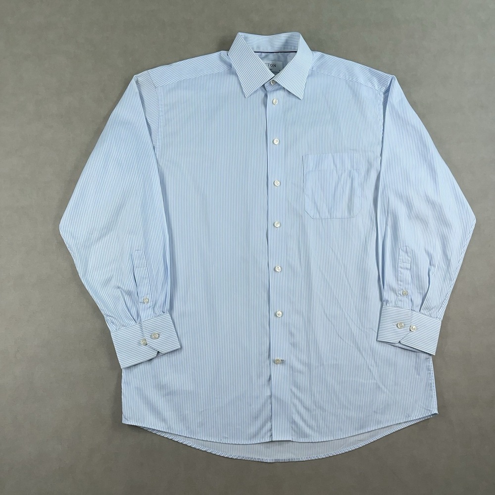 Eton Men's Shirt 16 41 Long Sleeve Striped Blue White Classic Fit 100% Cotton